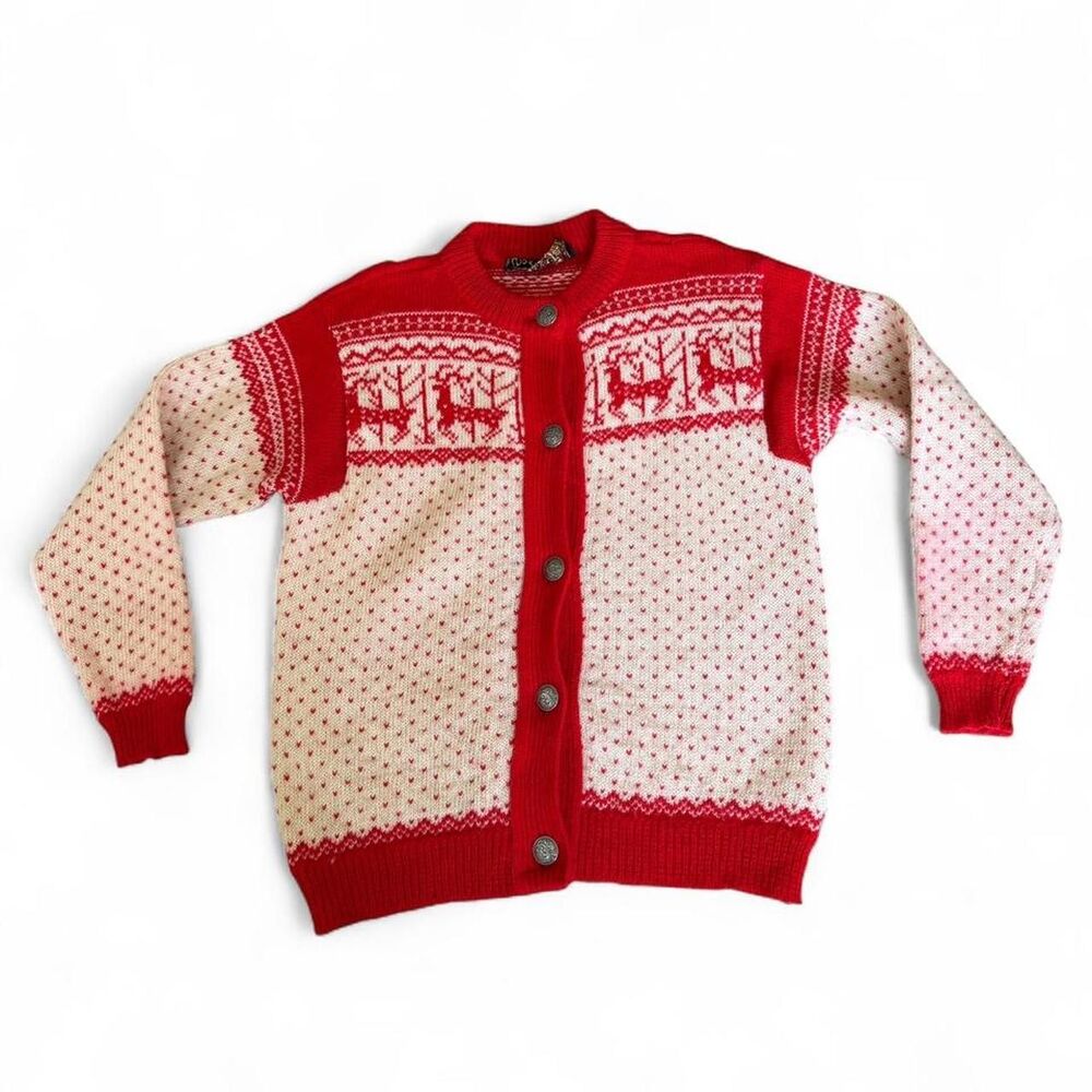 Vintage Norlaender Norwegian wool cardigan in red white button up M MEDIUM